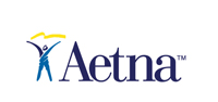 The image is a logo featuring a stylized graphic with a person s silhouette holding up a banner, accompanied by text that includes AETNA and Aetna Health Insurance.