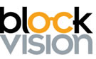 The image features a logo with text that reads BLOCK VISION in capital letters, accompanied by a stylized graphic resembling a camera lens or a magnifying glass, set against a background with a partial view of a globe and an abstract design element.