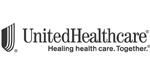 The image shows a logo with text that reads UNITED HEALTHCARE above the main word UNITED, followed by a smaller text HEALTHCARE underneath, and below that is a tagline that says Healing together. The logo features a graphic of a shield with wings.