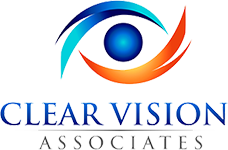 The image displays a logo with the text CLEAR VISION ASSOCIATES above a graphic that includes a stylized eye within a circle, which is colored blue, orange, and red, set against a light background.
